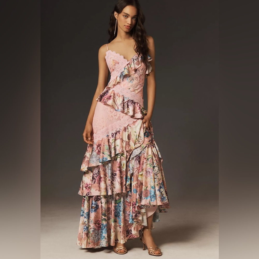 BHLDN ELORA SLEEVELESS V-NECK RUFFLE LACE MIDI DRESS SIZE 2